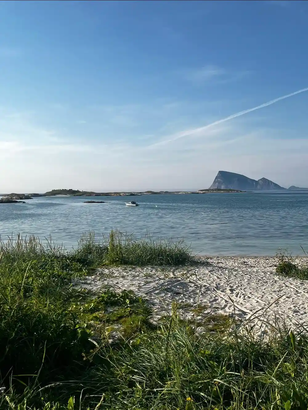Grass and shingle shore with a distinctive peak beyond