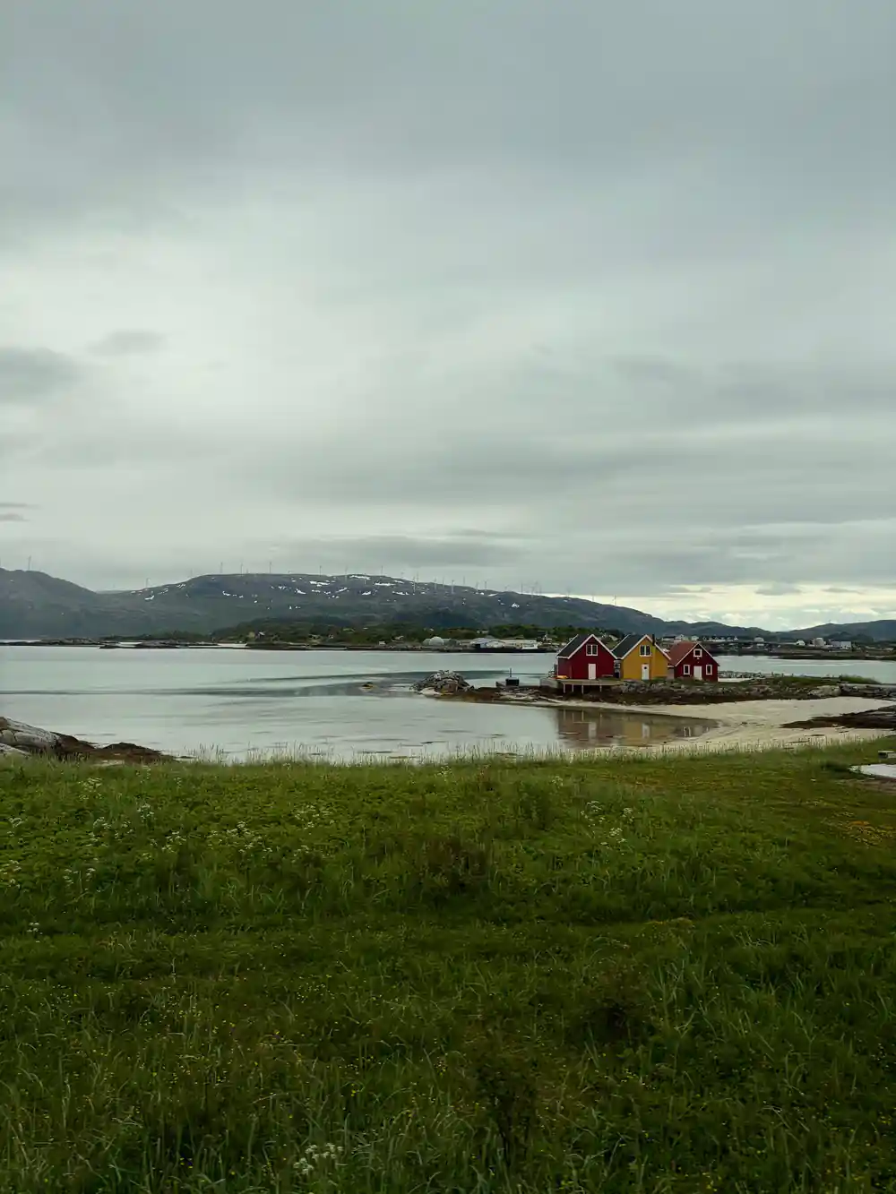 Red and yellow cabins on a green island across still water